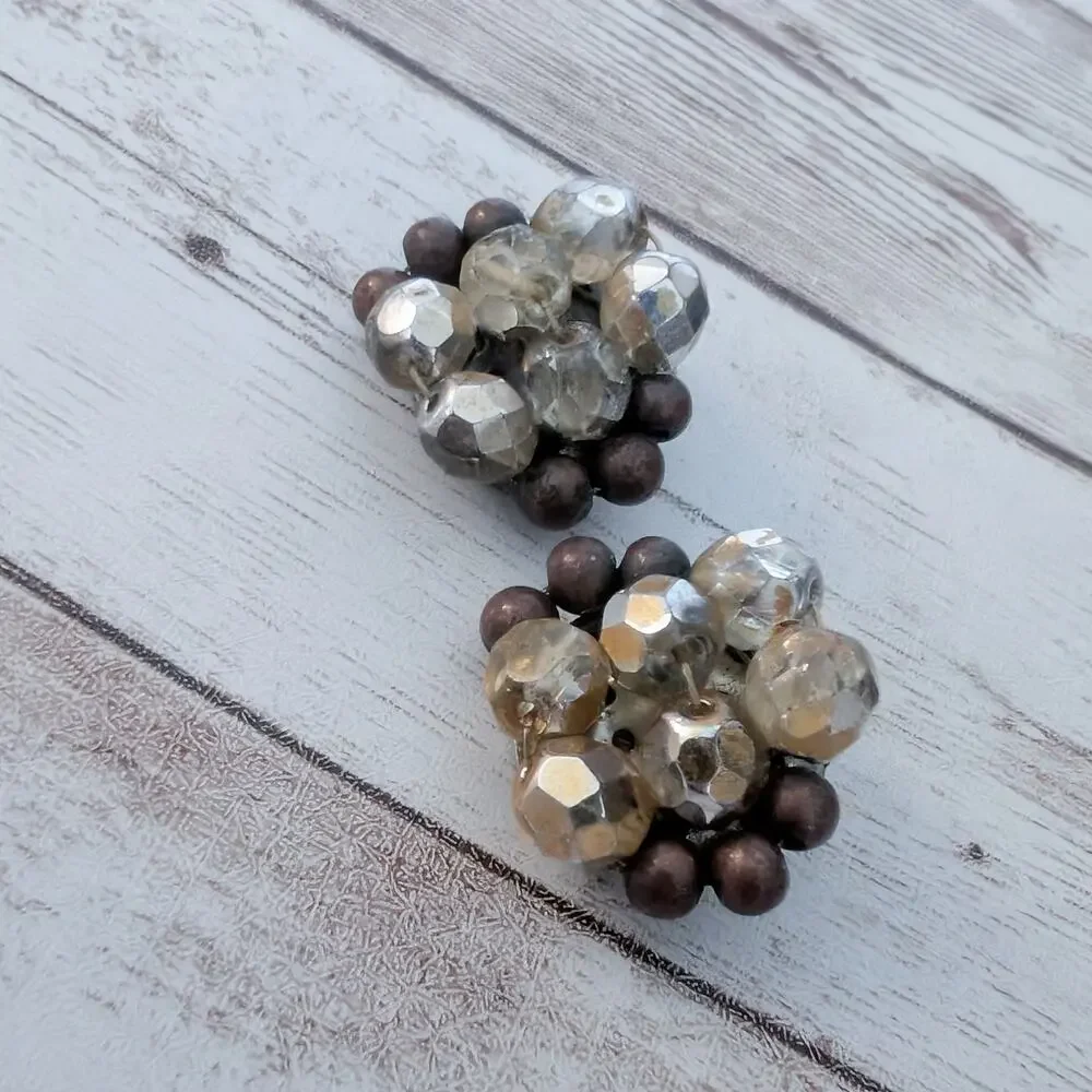 Vintage Clip On Earrings Large Cluster Brown - Fair Condition